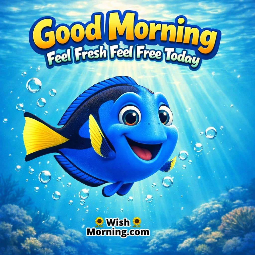 Blue Tang Bubbles Good Morning Picture featuring a blue tang swimming with tiny bubbles in clean water and soft rays, symbolizing freshness and free-flowing peace.
