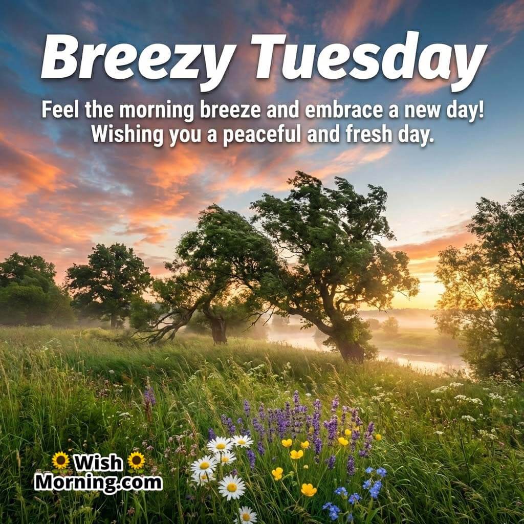 Breezy Tuesday Nature Message Image, featuring a peaceful meadow with trees swaying in the wind, wildflowers, and a glowing sunrise sky, symbolising calm breeze and a fresh start.