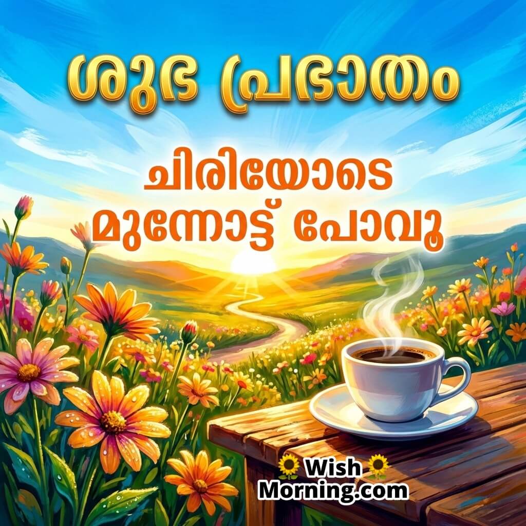 Malayalam Good Morning message image showing colorful wildflowers, glowing sunrise over hills and a coffee cup placed on wooden table.