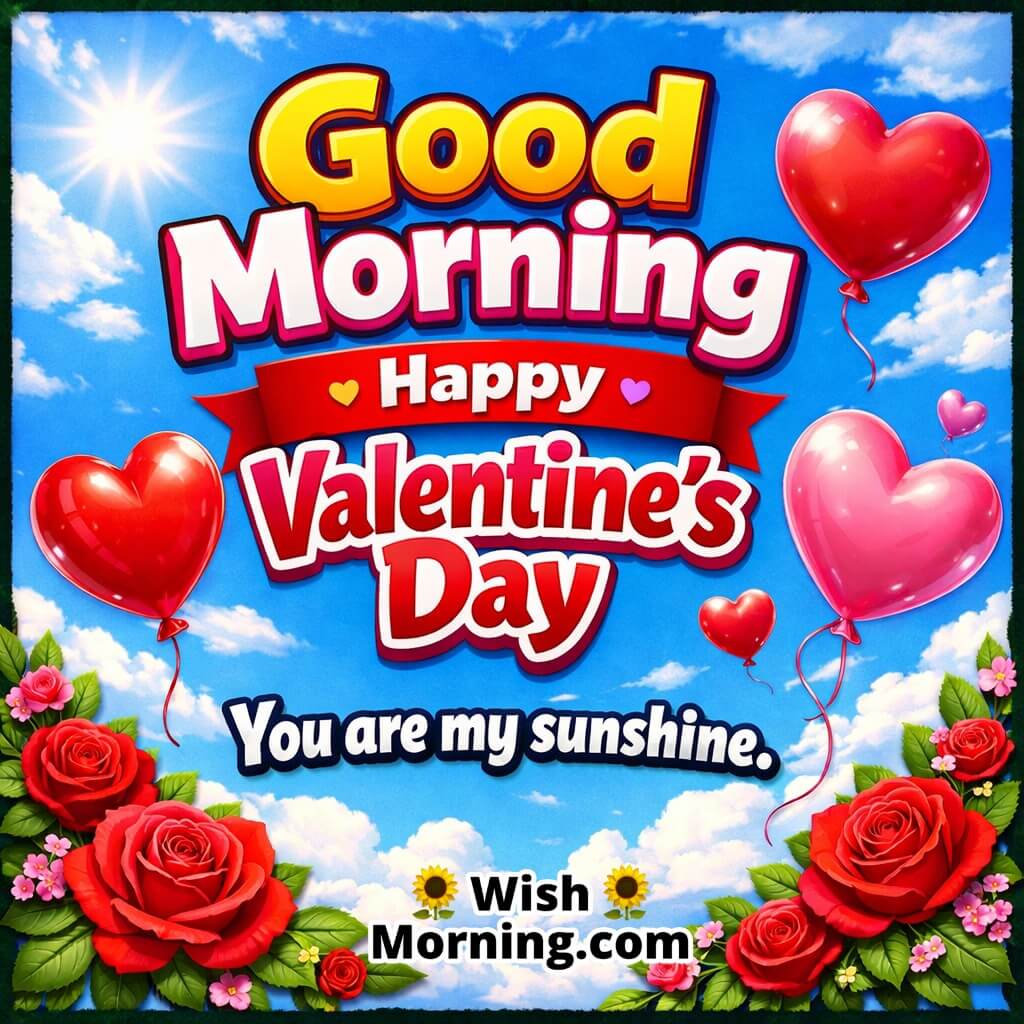 Good Morning Happy Valentine’s Day image with blue sky background, heart balloons, red roses and sweet message saying You are my sunshine.