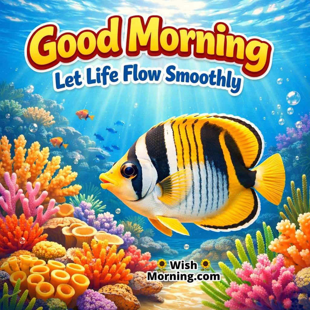 Butterflyfish Coral Garden Good Morning Image featuring a butterflyfish near a vibrant coral garden in clear water shine, symbolizing smooth flow and joyful calmness.