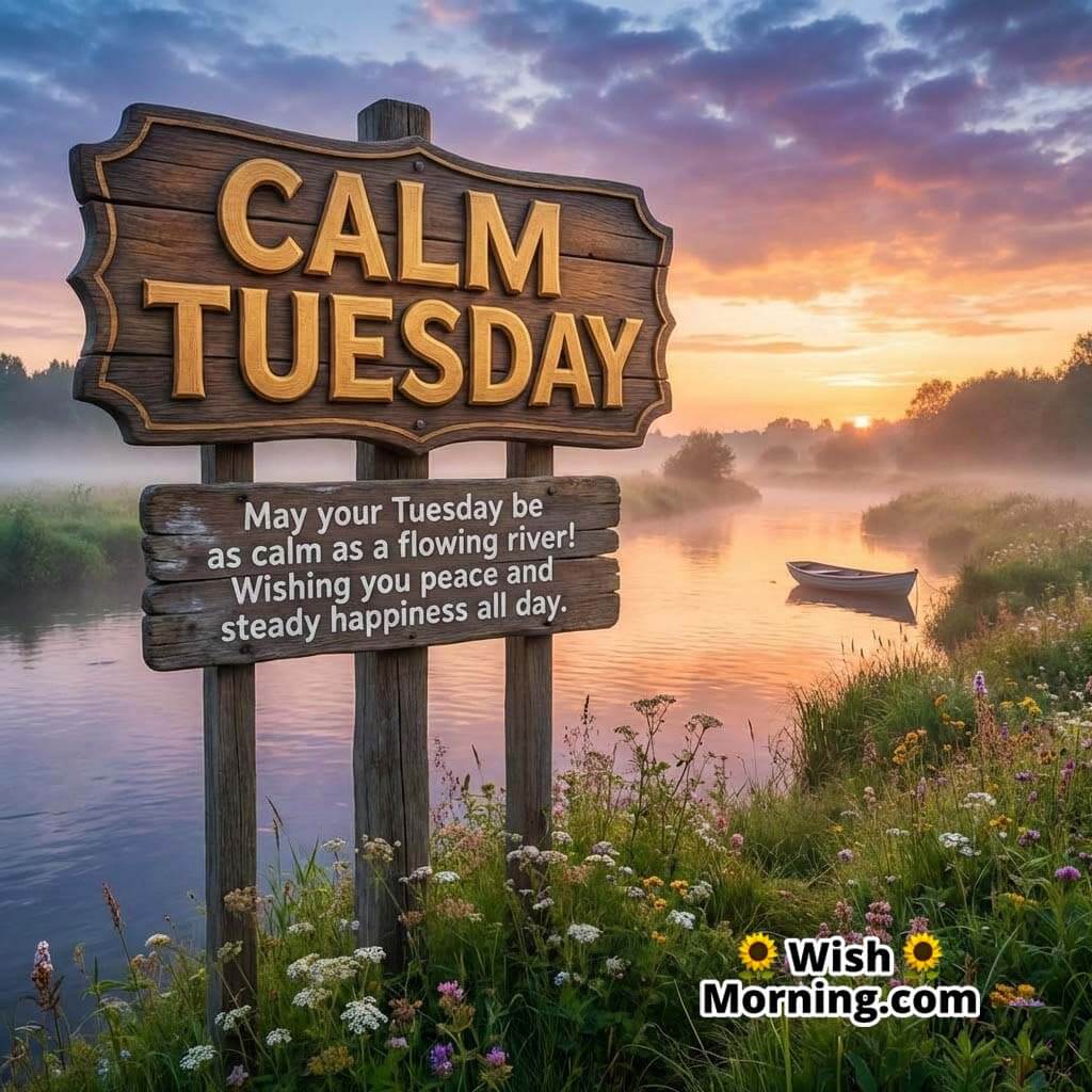 Calm Tuesday message image showing a quiet riverside at sunrise with soft mist, wildflowers, and a small boat, symbolising peace, calmness, and steady happiness.