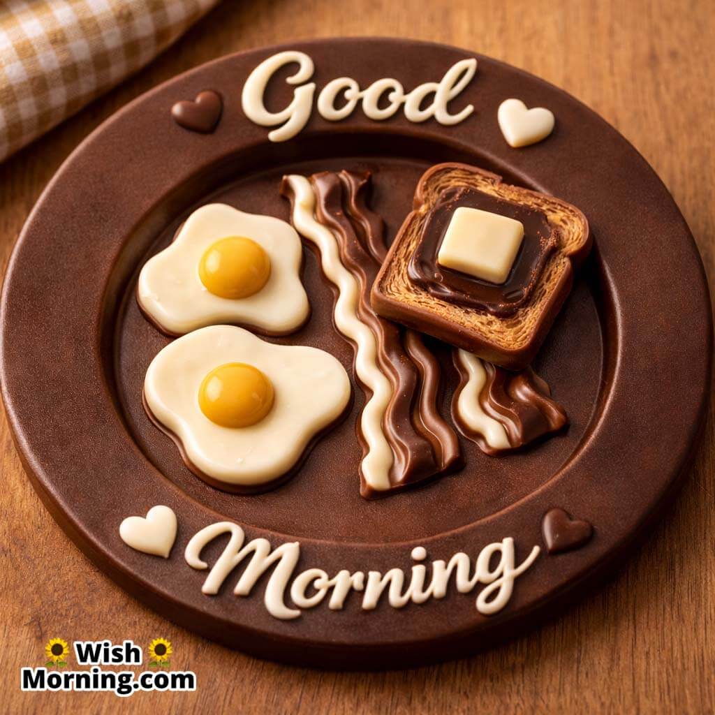 Chocolate Breakfast Plate Good Morning Image featuring a chocolate-made plate with eggs, bacon, toast, and a sweet morning greeting around the rim.