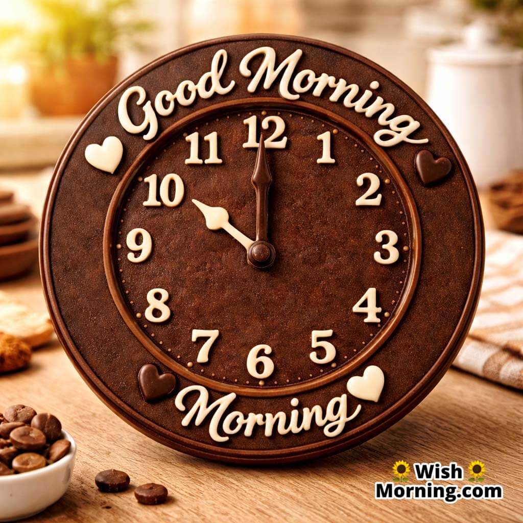 Chocolate Clock Good Morning Image displaying a detailed chocolate clock set to morning hours with the greeting written around the clock face.