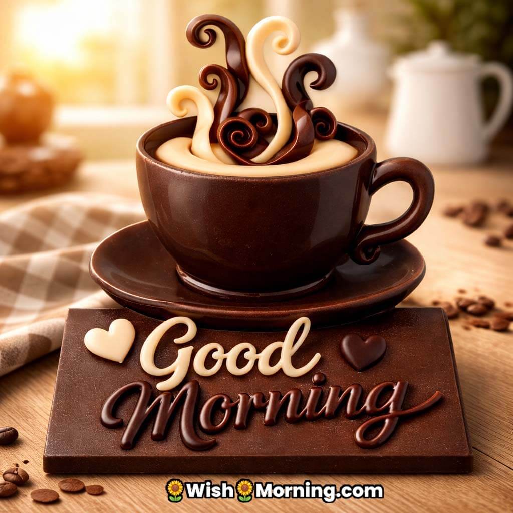 Chocolate Coffee Cup Good Morning Image featuring a rich chocolate coffee cup sculpture with steam made from chocolate curls on a cozy morning background.
