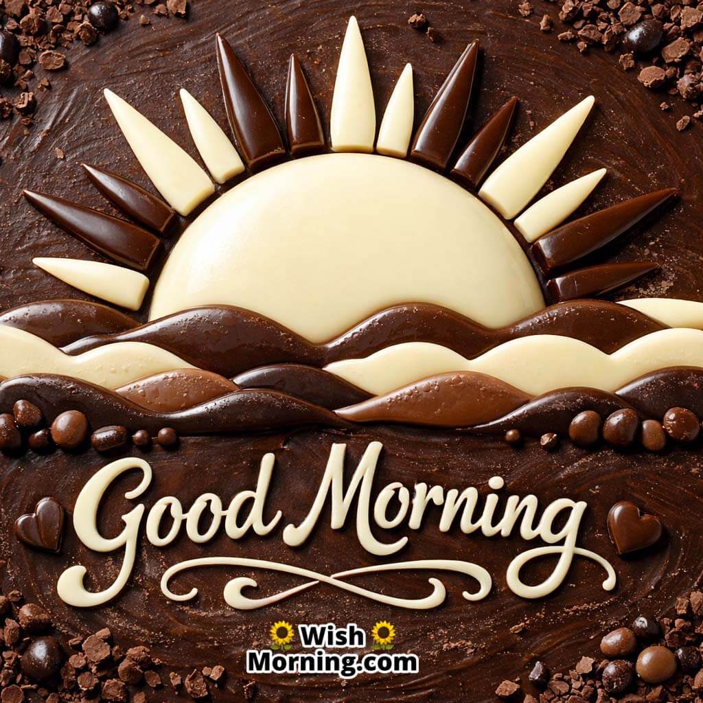 Chocolate Sunrise Good Morning Image showing a beautiful sunrise crafted from dark and white chocolate with soft rays spreading warmth and positivity.