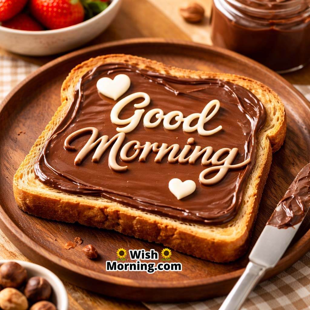 Chocolate Toast Good Morning Image showing realistic toast topped with smooth chocolate spread and a cheerful Good Morning message written on it.
