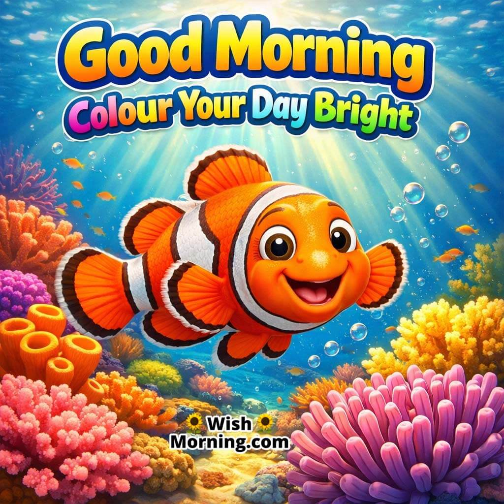 Clownfish Coral Reef Good Morning Image featuring a bright clownfish near colourful corals with soft underwater sun rays and bubbles, symbolizing cheerful positivity and fresh energy.