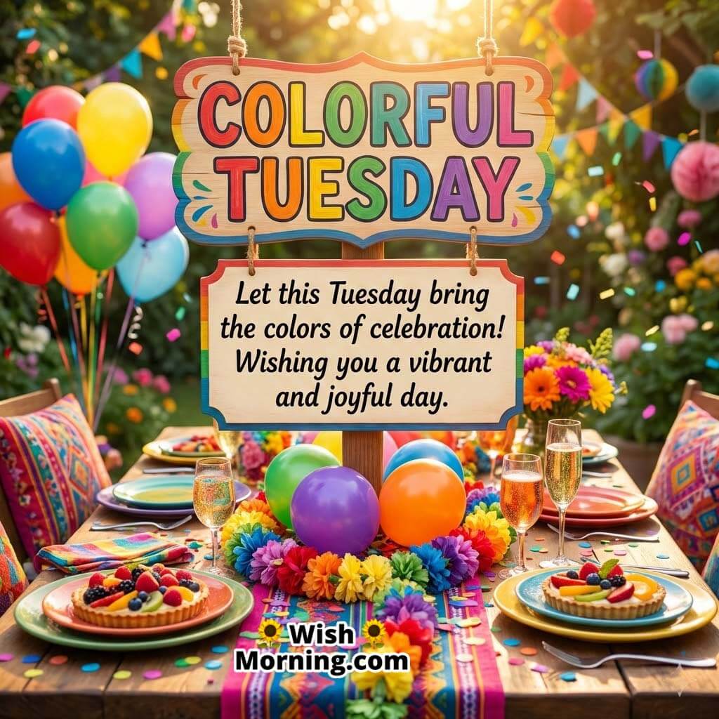 Colorful Tuesday Celebration Message Image, featuring a festive table with balloons, bright decorations, desserts, flowers, and party lights, symbolising celebration, vibrance, and happiness.