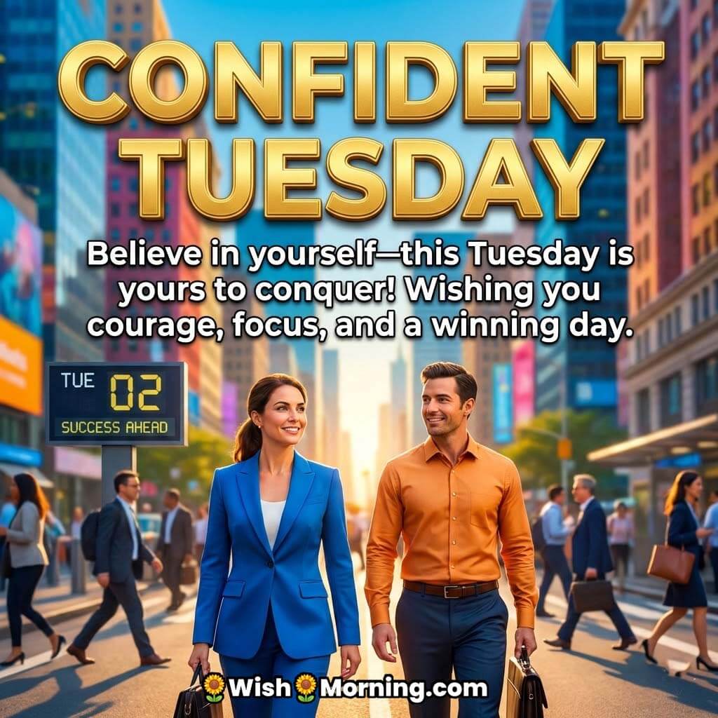 Confident Tuesday message image featuring professionally dressed people walking through a city street, symbolising confidence, focus, and success.