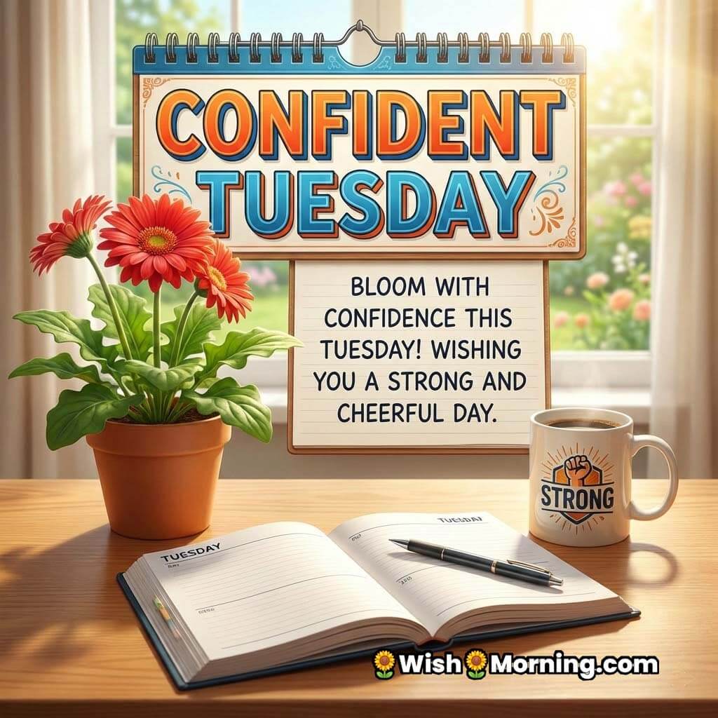 Confident Tuesday Motivation Message Image, featuring a tidy desk with flowers, an open planner, a coffee mug, and warm morning light through a window, symbolising focus, confidence, and strength.