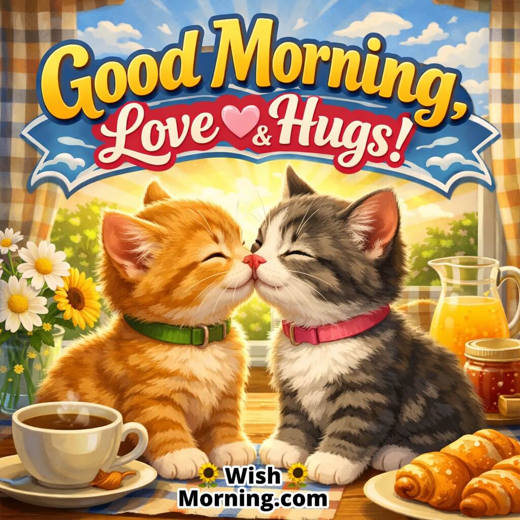 Two cute kittens touching noses, symbolizing love and warmth in the morning.