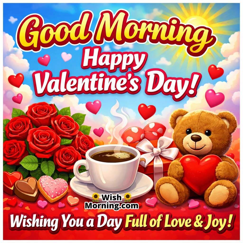 Good Morning Happy Valentine’s Day greeting with teddy bear, roses, coffee cup and red hearts wishing a day full of love and joy.