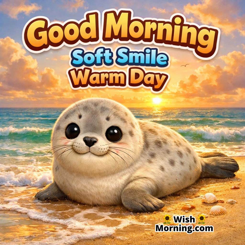 Cute Seal Sandy Shore Good Morning Image featuring a cute seal resting on sandy shore with gentle waves and warm morning sky, symbolizing comfort and calm happiness.