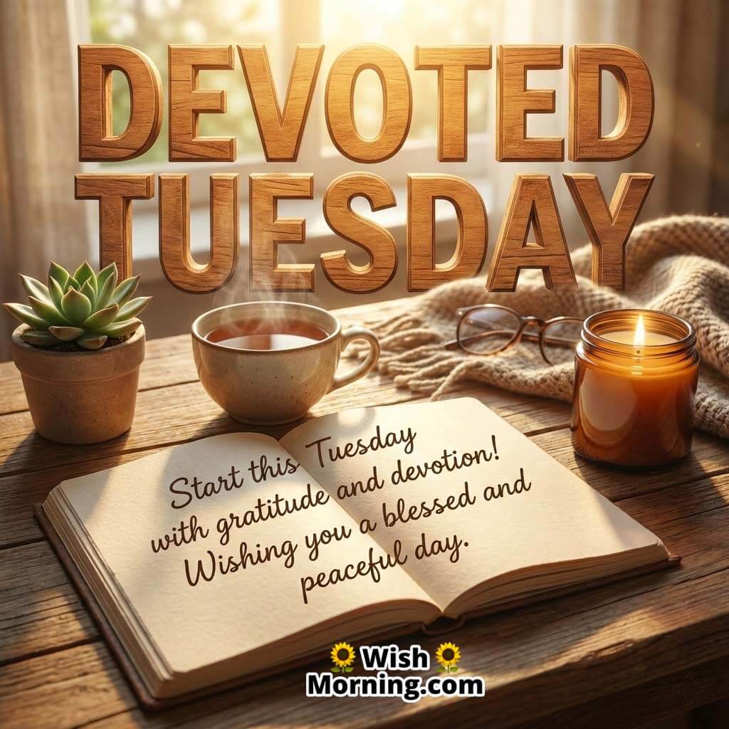 Devoted Tuesday message image featuring a cosy table setup with an open notebook, candle, tea cup, and soft morning light, reflecting gratitude and devotion.