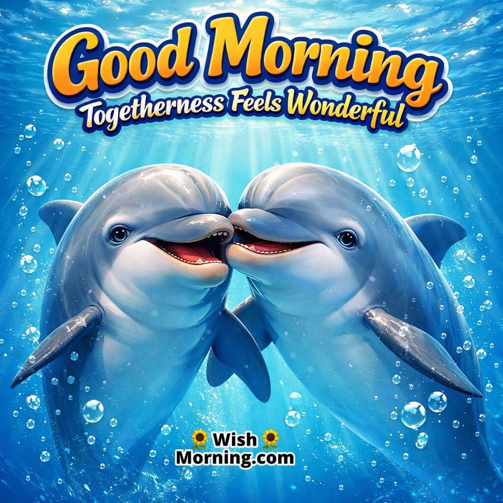 Dolphin Pair Together Good Morning Image featuring two dolphins swimming side by side in clear blue water with soft sun rays, symbolizing togetherness and happy bonding.