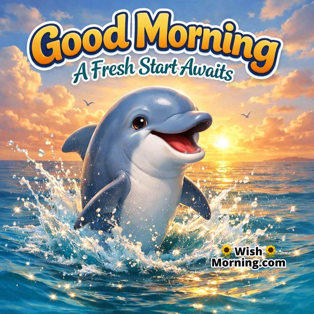 Dolphin Splash Sparkle Good Morning Picture featuring a dolphin creating a gentle splash with bright water sparkles in soft morning light, symbolizing a fresh start and positive mood.