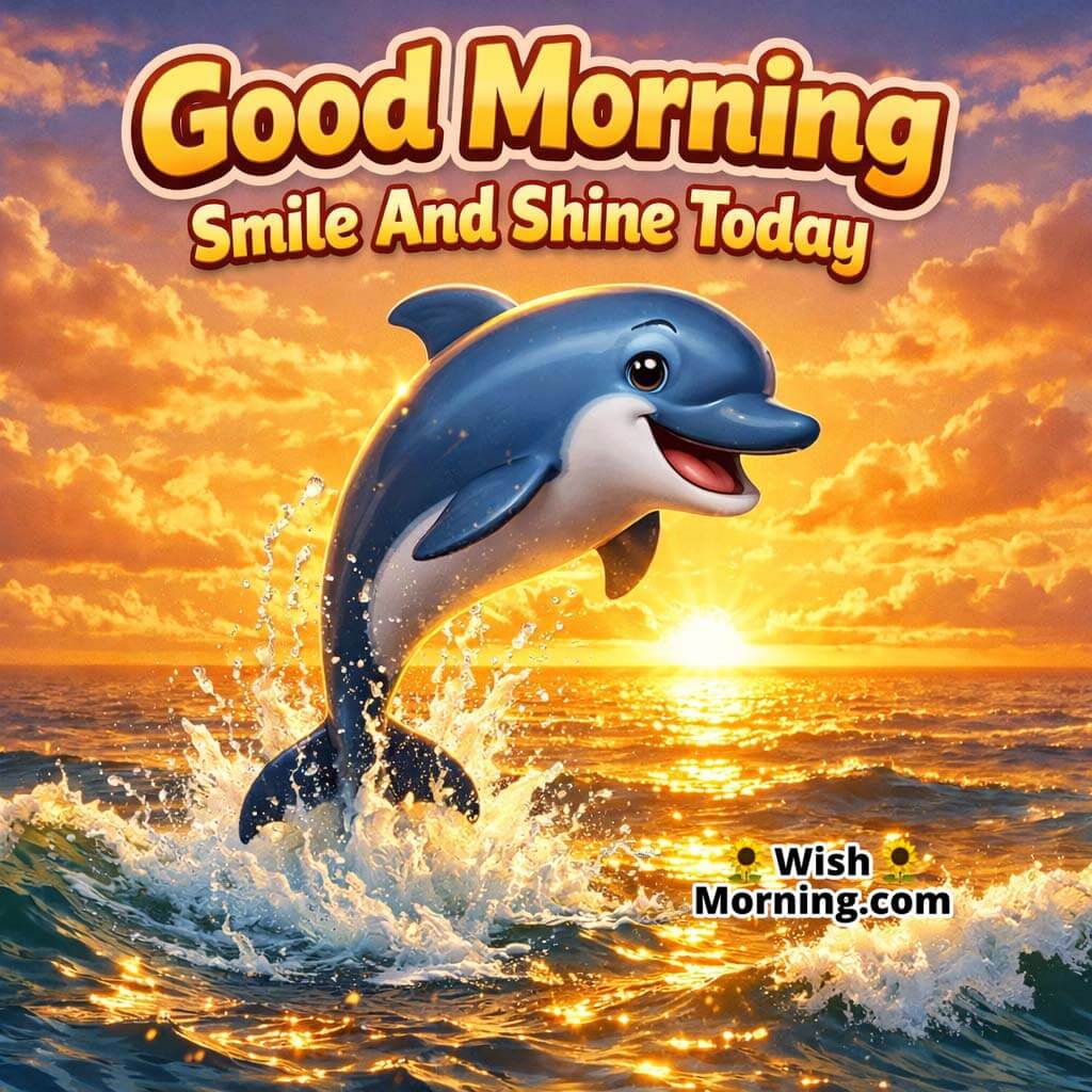 Dolphin Sunrise Jump Good Morning Image featuring a smiling dolphin leaping over sparkling waves in golden sunrise light, symbolizing joyful energy and fresh beginnings.