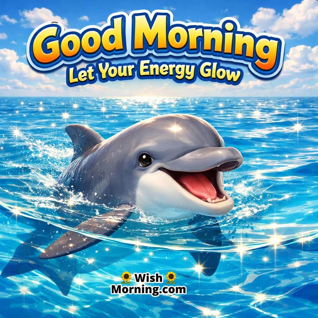 Dolphin Surface Glow Good Morning Photo featuring a dolphin swimming near the ocean surface with calm sky reflections and shimmering water, symbolizing bright energy and peaceful thoughts.