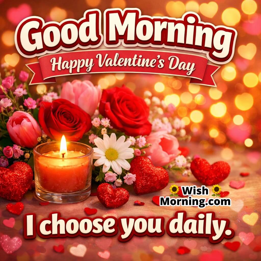 Good Morning Happy Valentine’s Day romantic image with glowing candle, red roses, glitter hearts and love message saying I choose you daily.