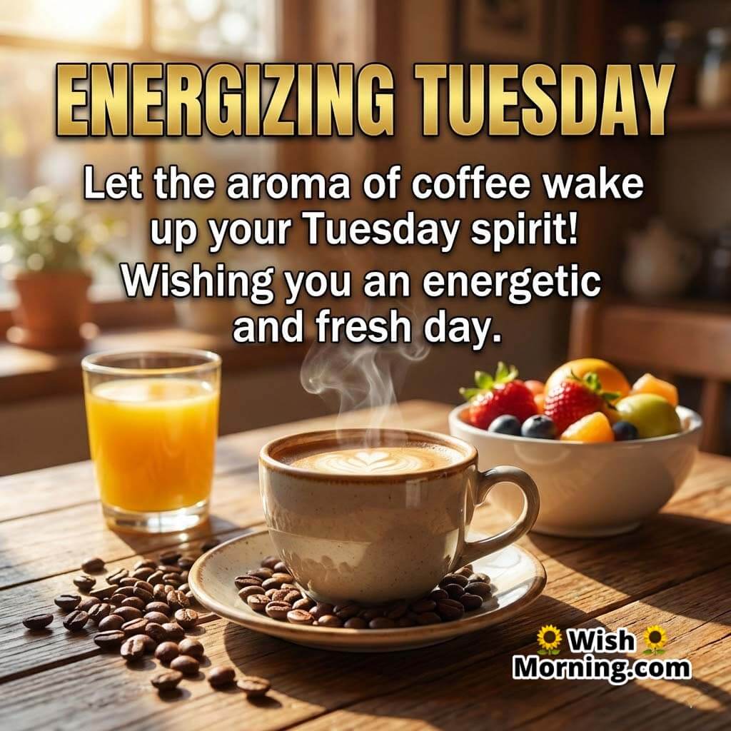 Energizing Tuesday message image featuring a fresh cup of coffee, fruits, and morning light on a wooden table, symbolising energy and freshness.