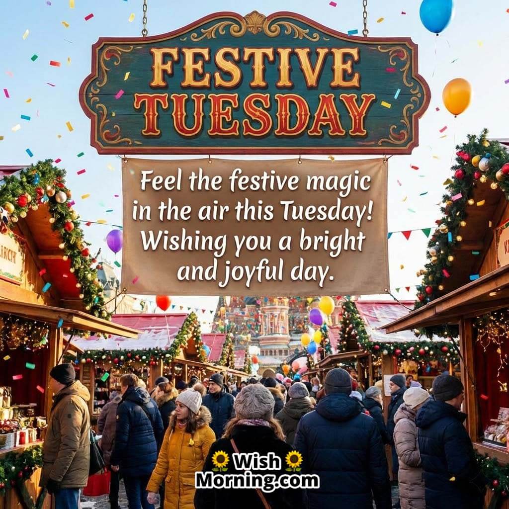 Festive Tuesday message image showing a lively decorated street market with colourful lights, balloons, and people enjoying a cheerful festive atmosphere.