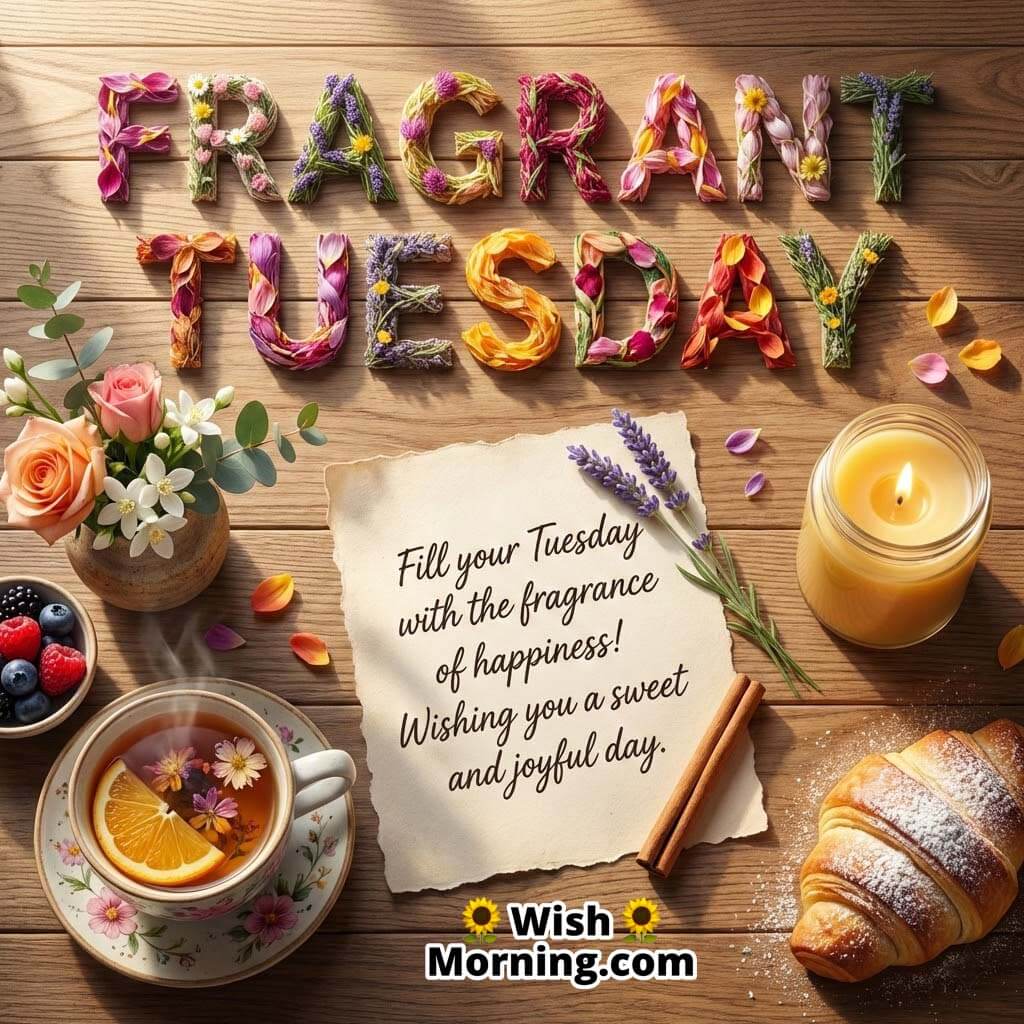 Fragrant Tuesday Peaceful Message Image, featuring floral text on a wooden table with tea, pastries, candles, flowers, and soft light, symbolising comfort, warmth, and joyful moments.