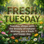 Fresh Tuesday Message Image featuring leafy wooden text surrounded by colorful wildflowers, soft sunlight, and greenery, symbolising freshness, nature’s calm, and a happy Tuesday.