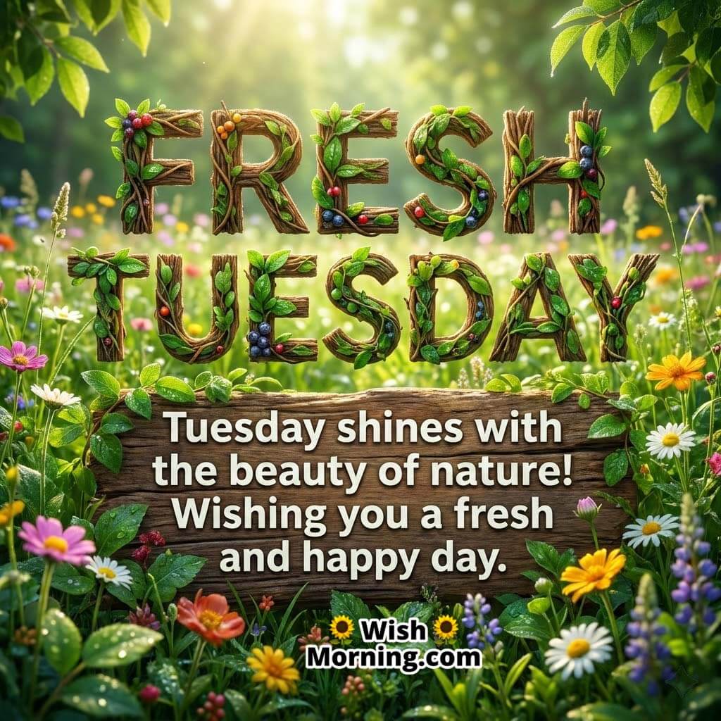 Fresh Tuesday Message Image featuring leafy wooden text surrounded by colorful wildflowers, soft sunlight, and greenery, symbolising freshness, nature’s calm, and a happy Tuesday.
