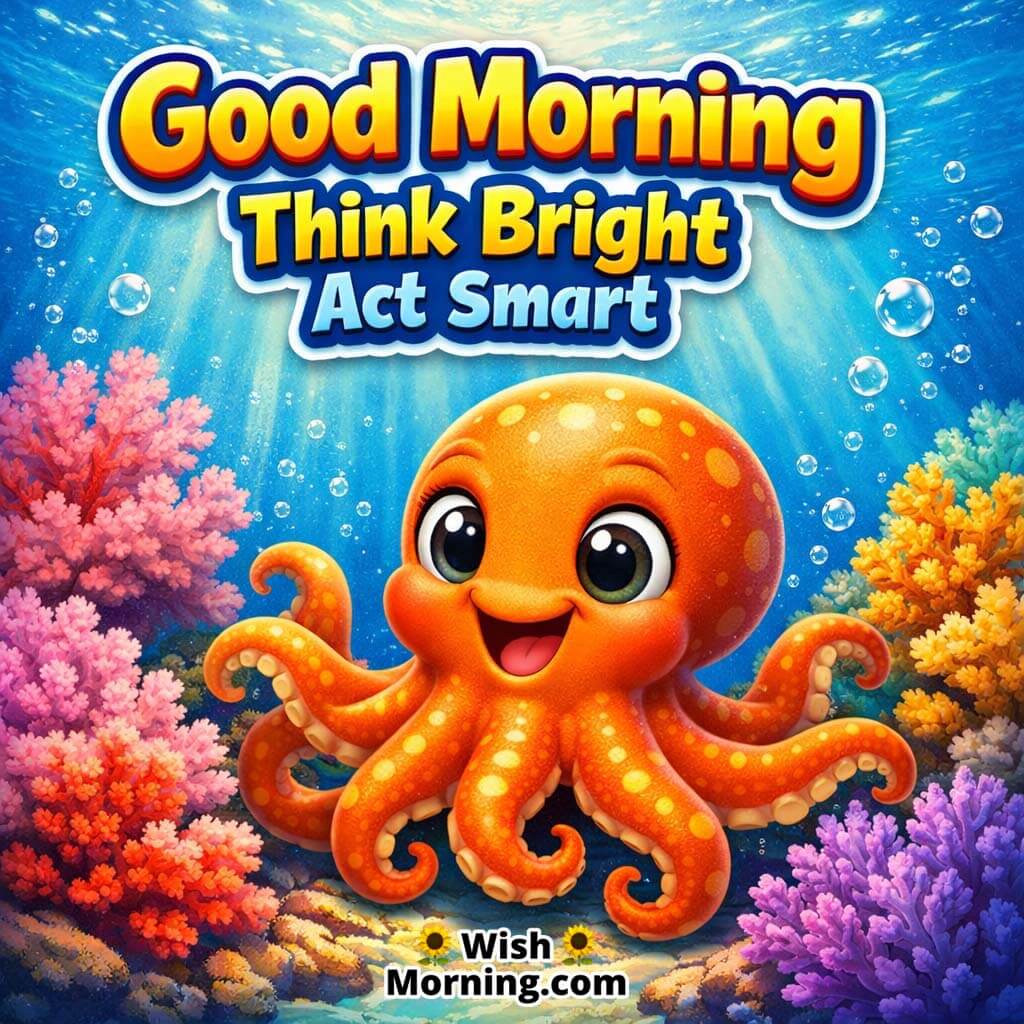 Friendly Octopus Coral Good Morning Image featuring a smiling octopus near soft corals in bright underwater light with bubbles, symbolizing smart thinking and positive energy.