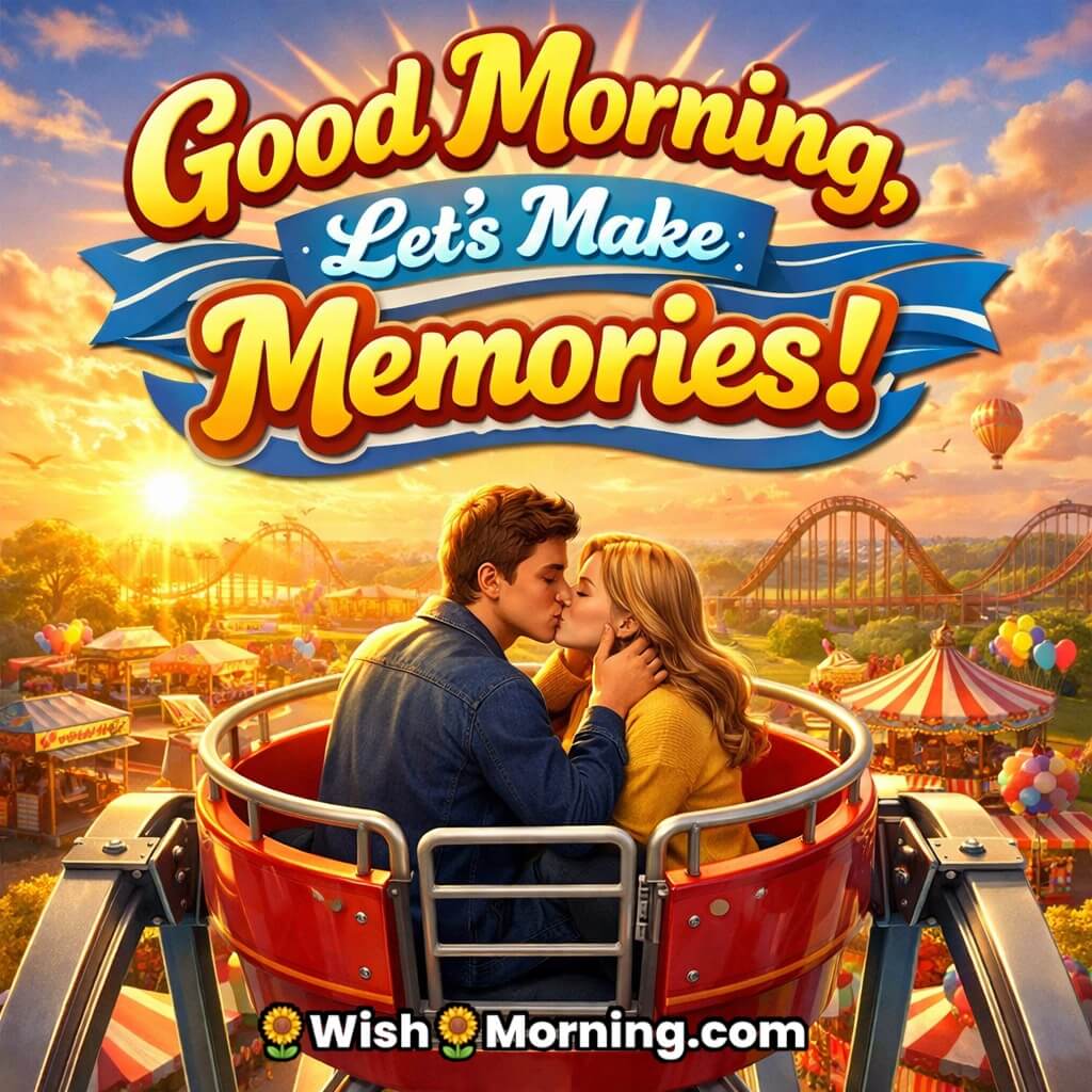 A cheerful couple kissing on a Ferris wheel, celebrating love and a bright new day.