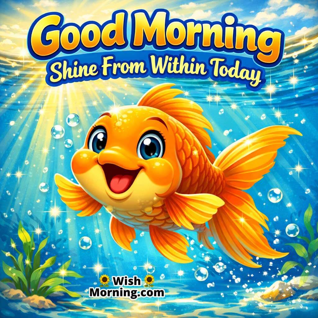 Golden Fish Sun Rays Good Morning Photo featuring a golden fish in bright blue water with warm sun rays and sparkling highlights, symbolizing inner shine and confident mood.