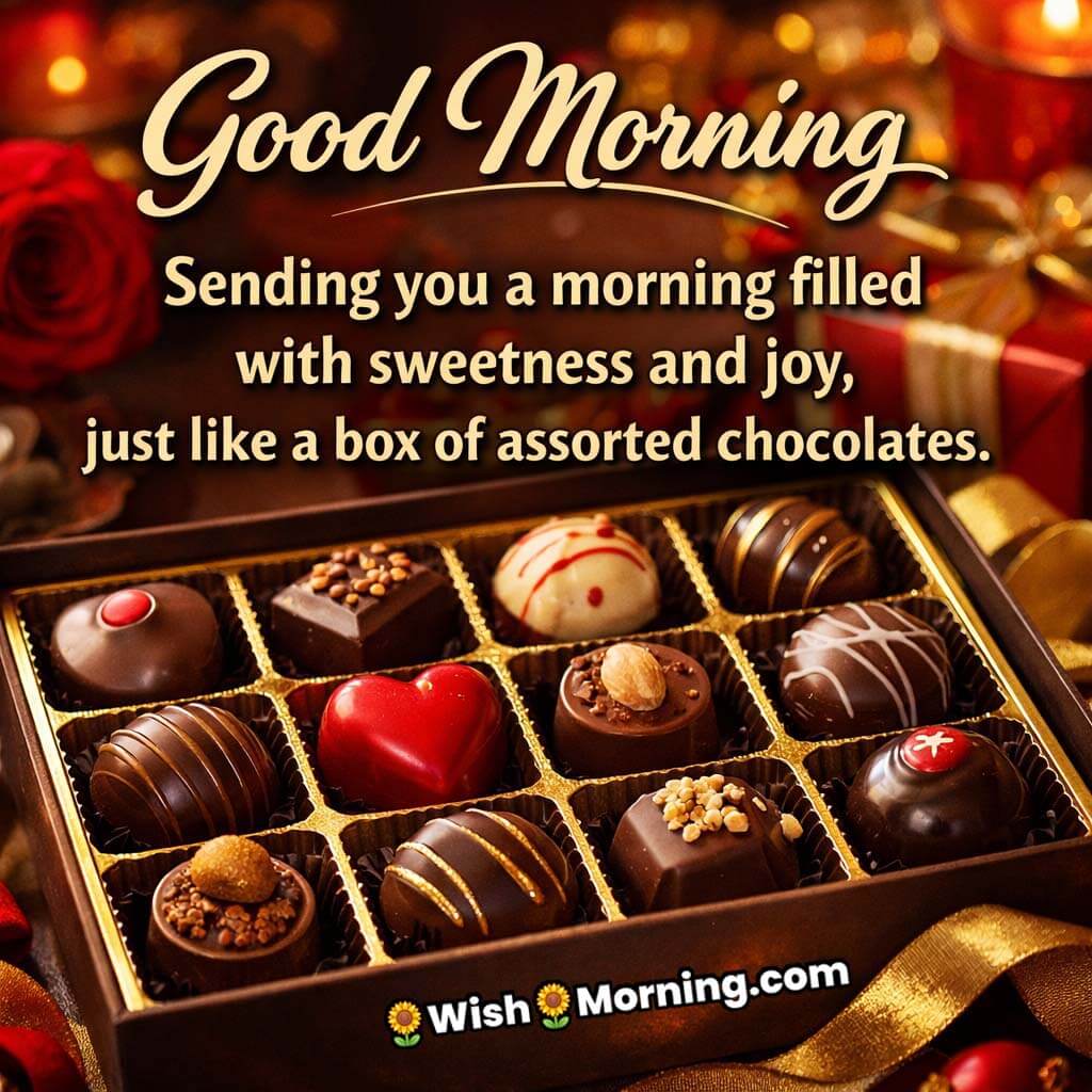 Good Morning Assorted Chocolates Sweet Message Image showcasing a luxury box of assorted chocolates in rich brown and gold tones, symbolising sweetness and joy.