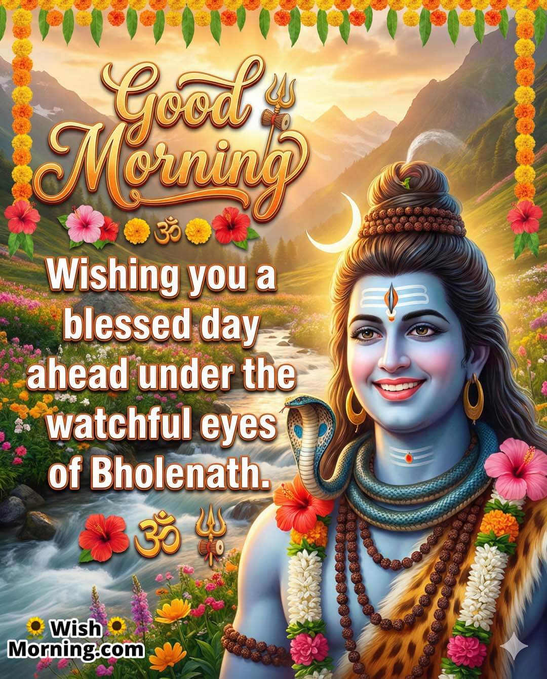 Good Morning Bholenath Blessing Message for a Blessed Day Ahead featuring Lord Shiva near a flowing river with mountains and floral garlands, symbolizing protection and blessings for the day.