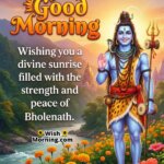 Good Morning Bholenath Message for Strength and Peace featuring Lord Shiva by a sunrise river valley with flowers and distant temples, symbolizing divine strength and calm peace.
