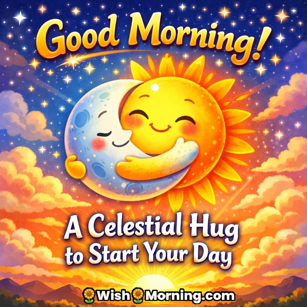 Good Morning Celestial Hug Quote image showing the sun and moon hugging in a glowing sky with stars and clouds, symbolizing harmony, positivity, and a magical morning start.