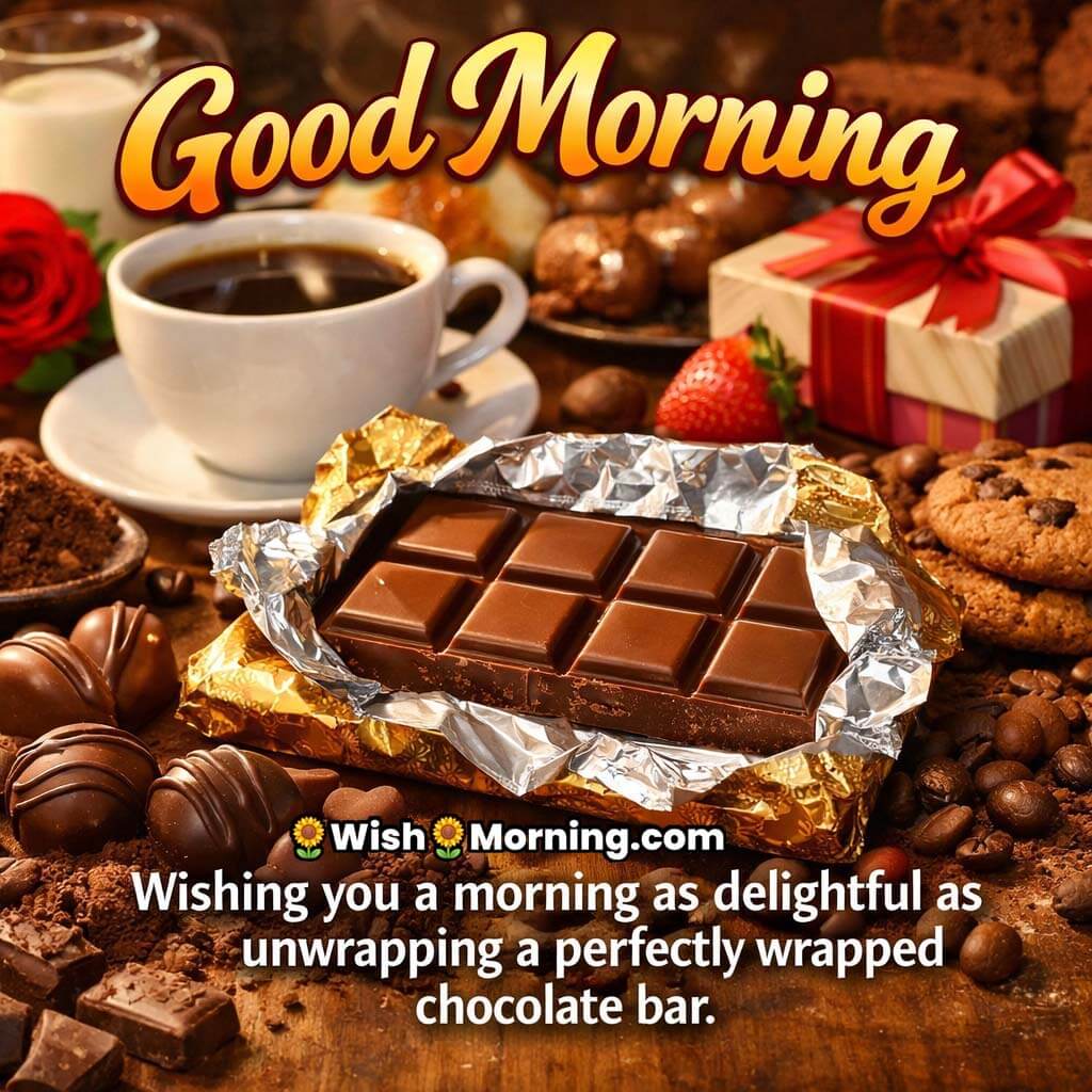 Good Morning Chocolate Bar Delight Wish Photo featuring a rich chocolate bar with coffee and treats, creating a warm and delightful morning mood.