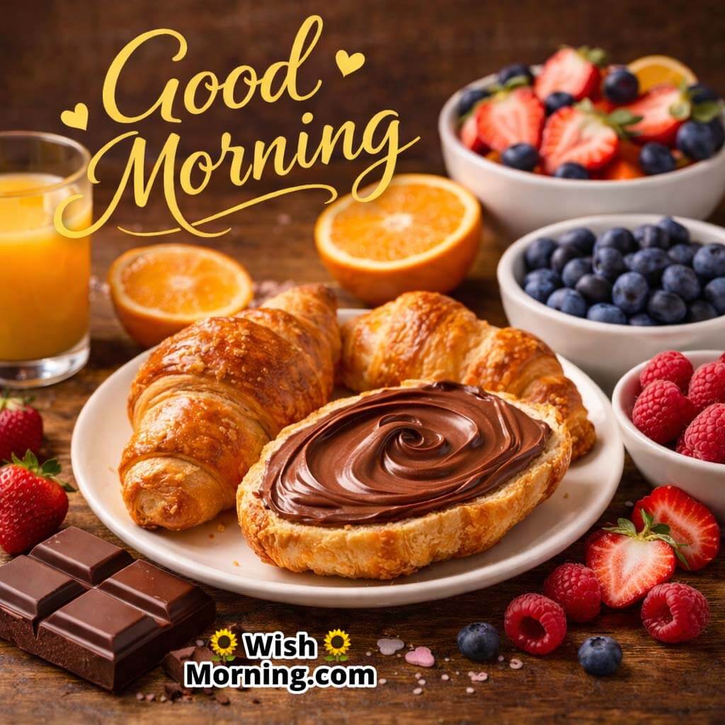 Chocolate breakfast image featuring croissants, fresh fruits, and a chocolate bar arranged on a breakfast table for a cheerful good morning.