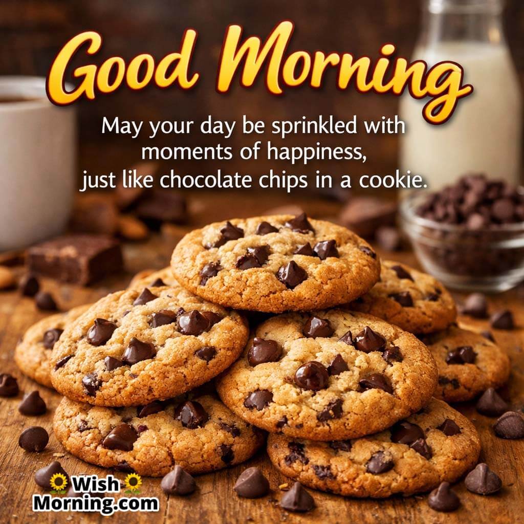 Good Morning Chocolate Chip Happiness Message Image showing freshly baked chocolate chip cookies with milk, symbolising a sweet and joyful morning filled with happiness.