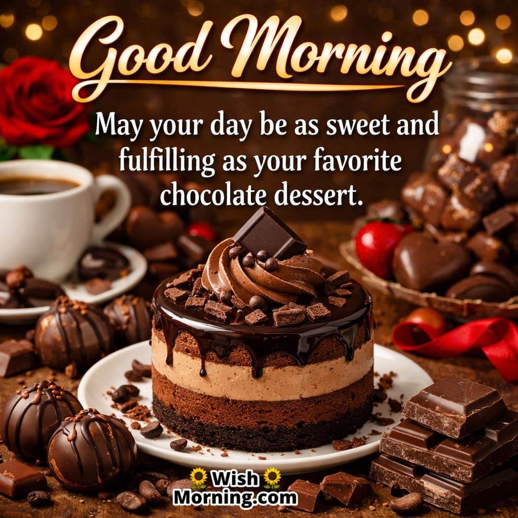 Good Morning Chocolate Dessert Happiness Quote Photo displaying a layered chocolate cake with coffee and chocolates, representing a fulfilling and sweet start to the day.