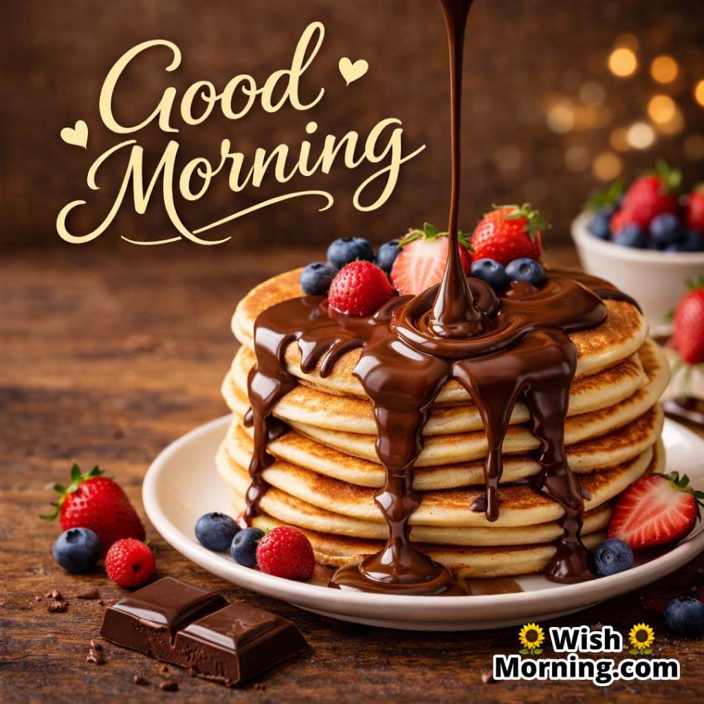 Chocolate drizzle image showing rich chocolate being poured over pancakes with berries, capturing a delightful and indulgent good morning moment.