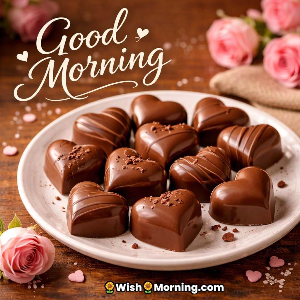Chocolate heart image with heart-shaped chocolates neatly arranged on a plate, expressing love and sweetness for a good morning wish.