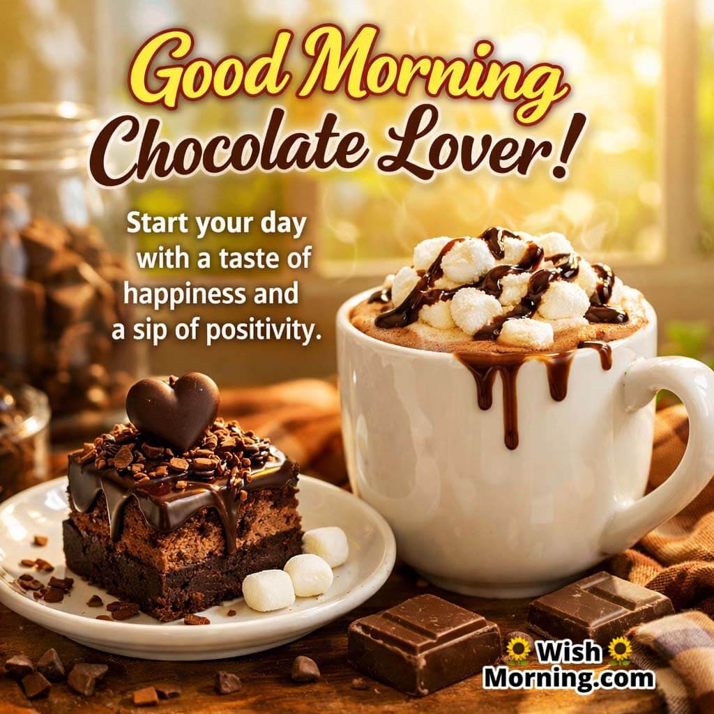 Good Morning Chocolate Lover Sweet Quote Image with hot chocolate, marshmallows, and dessert, expressing happiness and positive vibes for a cheerful morning.