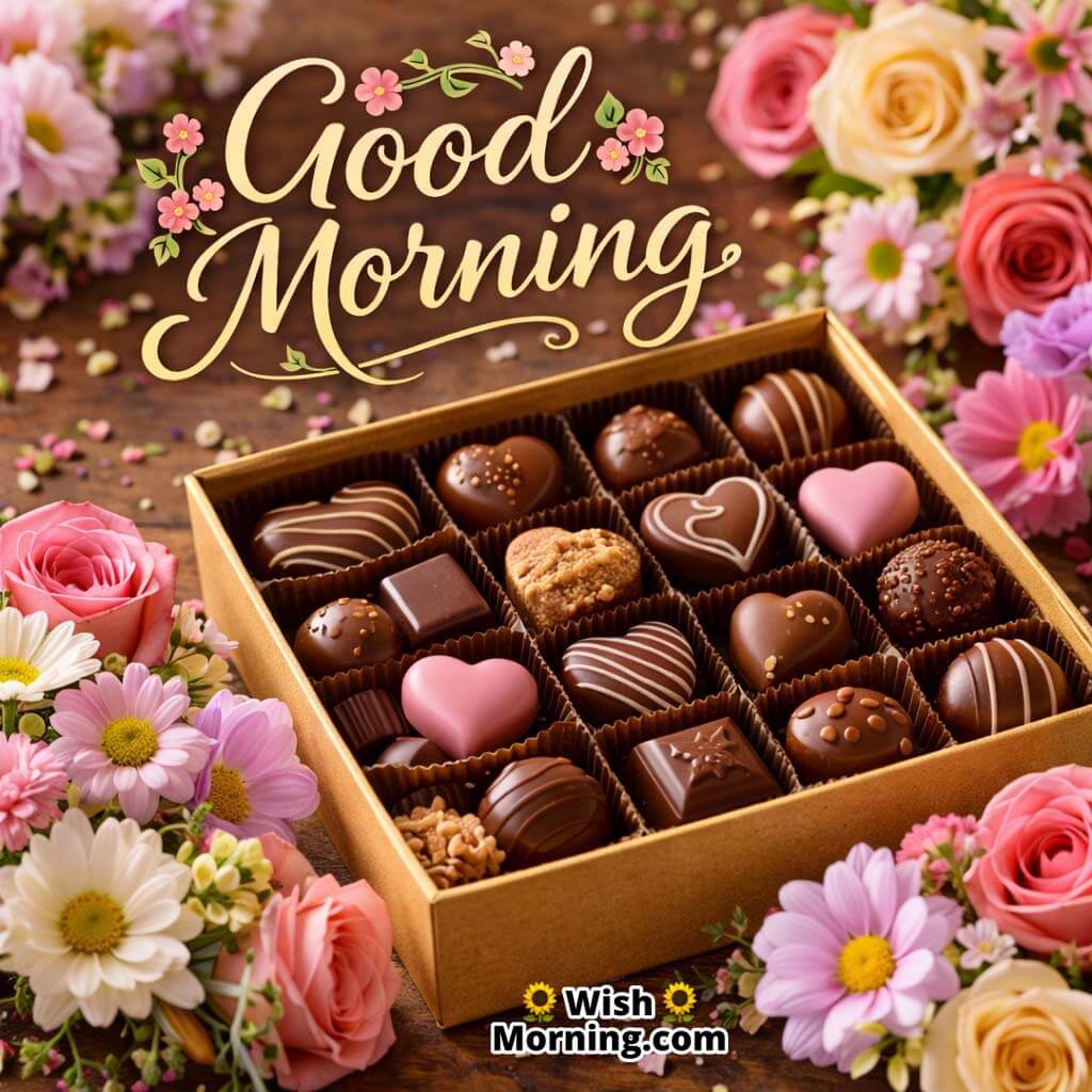 Chocolate and flowers image showing an open box of chocolates surrounded by fresh colorful flowers, creating a soft and elegant good morning feel.
