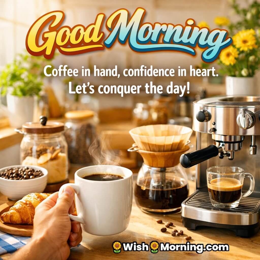 Good Morning Coffee Confidence Quote image featuring a hand holding a coffee mug near a coffee maker and breakfast setup, symbolizing self-belief, motivation, and confidence to conquer the day.