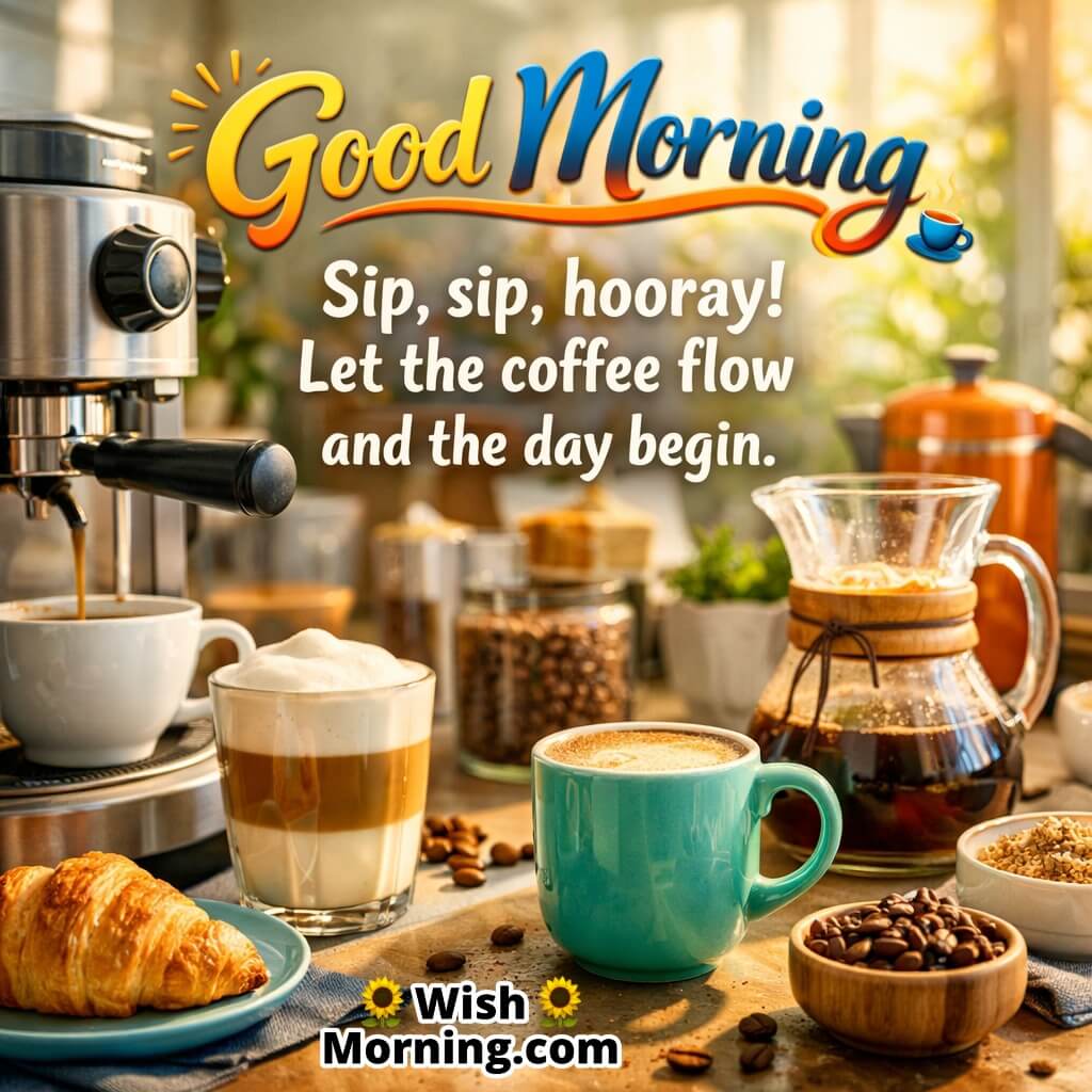 Good Morning Coffee Fun Quote image featuring an espresso machine, brewed coffee, coffee beans, and mugs in a bright kitchen, symbolizing cheerful mornings, joy, and the excitement of starting the day with coffee.