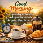 Good Morning Coffee Motivation Quote image featuring a fresh coffee cup, croissant, alarm clock, and sunrise on a wooden table, symbolizing positive attitude, fresh energy, and a productive start to the day.