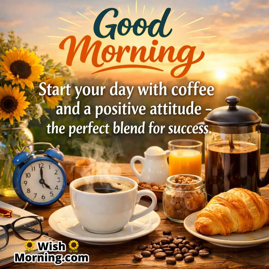 Good Morning Coffee Motivation Quote image featuring a fresh coffee cup, croissant, alarm clock, and sunrise on a wooden table, symbolizing positive attitude, fresh energy, and a productive start to the day.