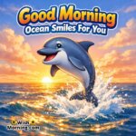 Good Morning Ocean Smiles Dolphin Sunrise featuring a smiling dolphin jumping above sparkling waves in warm sunrise light, symbolizing joyful energy and a fresh start.