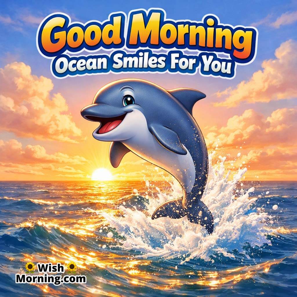 Good Morning Ocean Smiles Dolphin Sunrise featuring a smiling dolphin jumping above sparkling waves in warm sunrise light, symbolizing joyful energy and a fresh start.